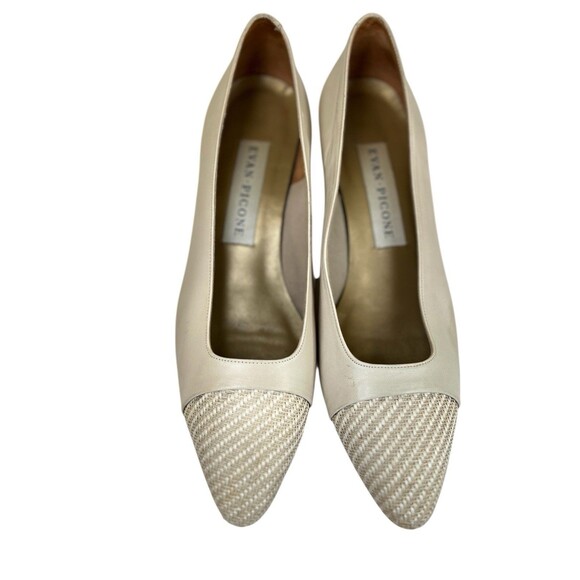 Vtg. Evan Picone Beige Nappa Leather Pumps, Sz 10 M, Woven Toe Block Heel. Spain - Picture 1 of 12